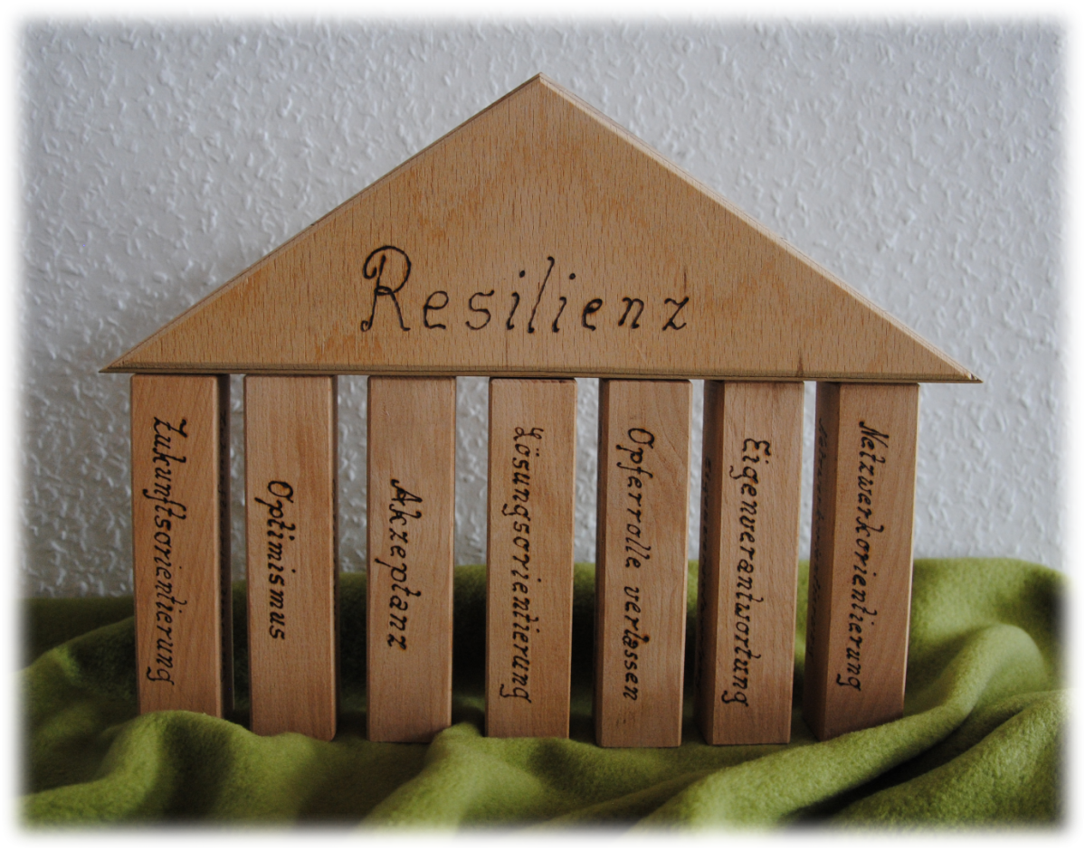 Daniela Greiner von gesunde Lebensgestaltung zeigt ein Foto von 7 hochkant stehenden Hölzern mit einem Holzdach drüber, jedes Holz ist mit einem der 7 Themen vom Resilienz-Training beschriftet nachfolgend die Themen: Zukunftsorientierung, Optimismus, Akzeptanz, Lösungsorientierung, Opferrolle verlassen, Eigenverantwortung, Netzwerkorientierung - auf dem Dach steht Resilienz, das bedeutet, dass die 7 Themen die Säulen der Resilienz sind